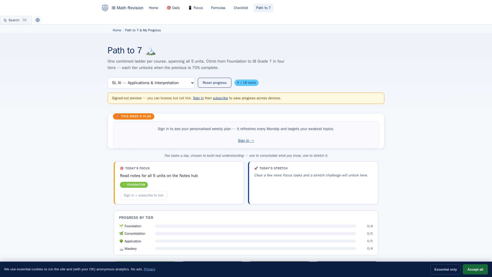 Screenshot of Path to 7 progress ladder — Foundation, Consolidation, Application, Mastery
