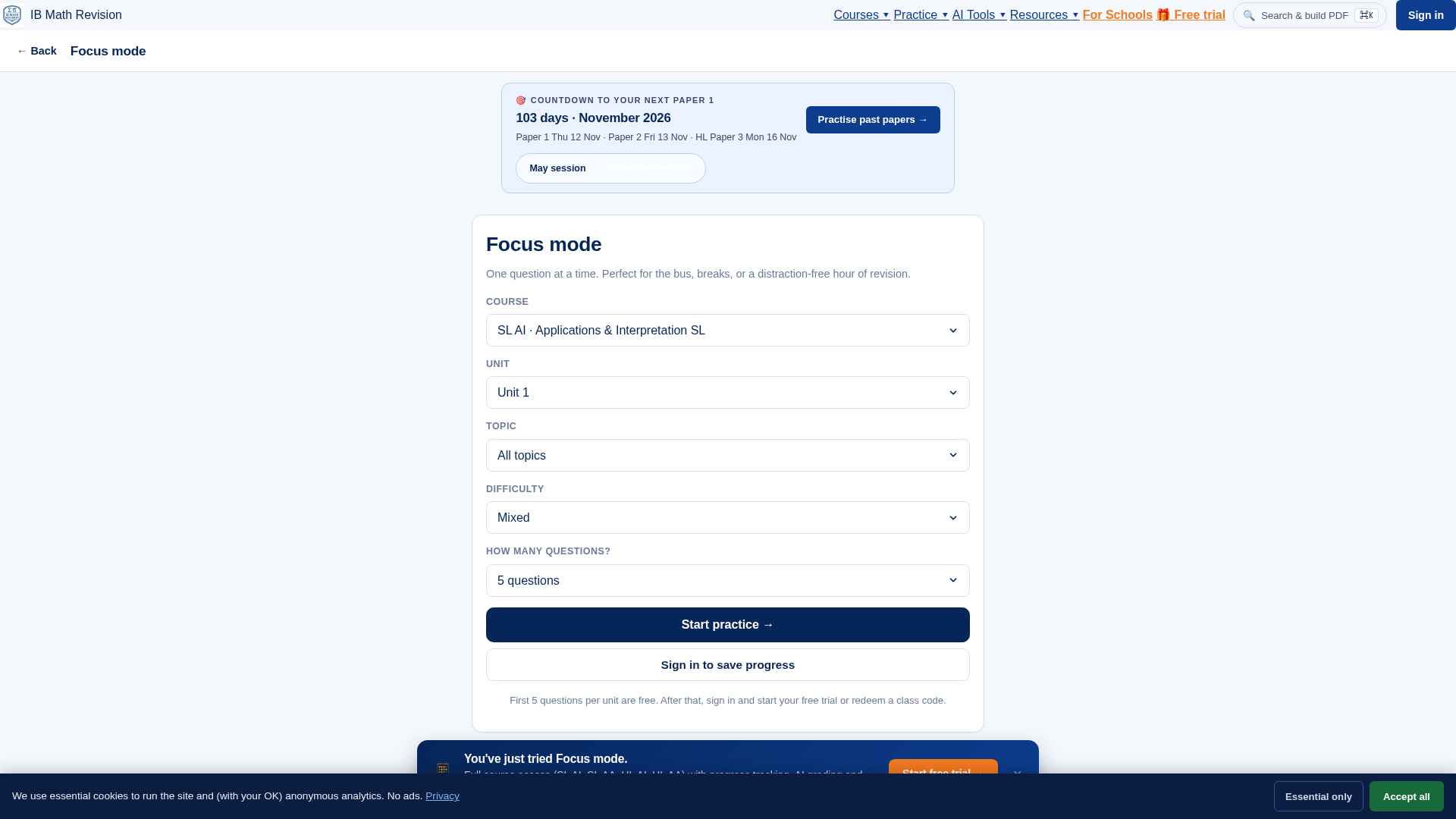 Screenshot of the IB Math Revision Focus-mode question bank with course/unit/topic filters