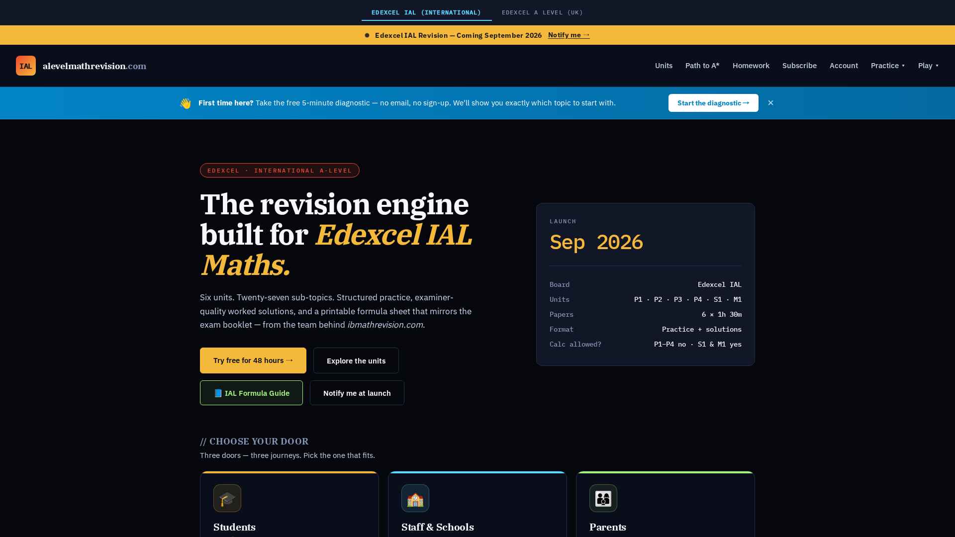 Screenshot of alevelmathrevision.com hero: 'The revision engine built for Edexcel IAL Maths' with launch panel