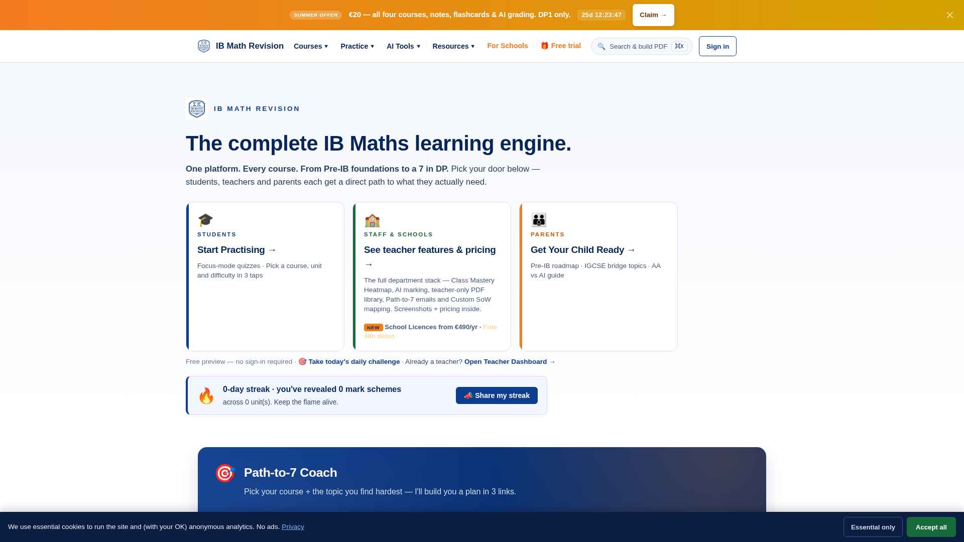 Screenshot of ibmathrevision.com hero: 'The complete IB Maths learning engine' with student/staff/parent doors